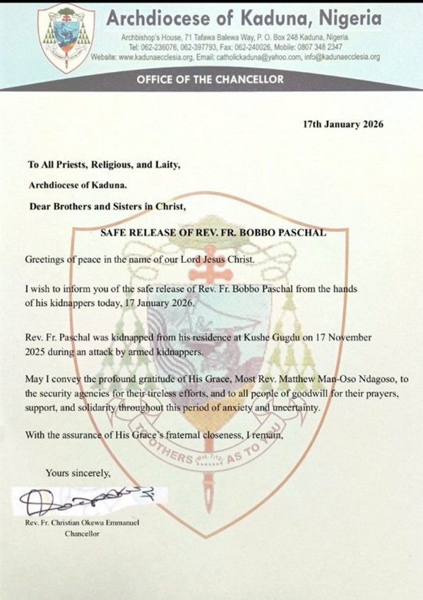 Letter from Archdiocese of Kaduna